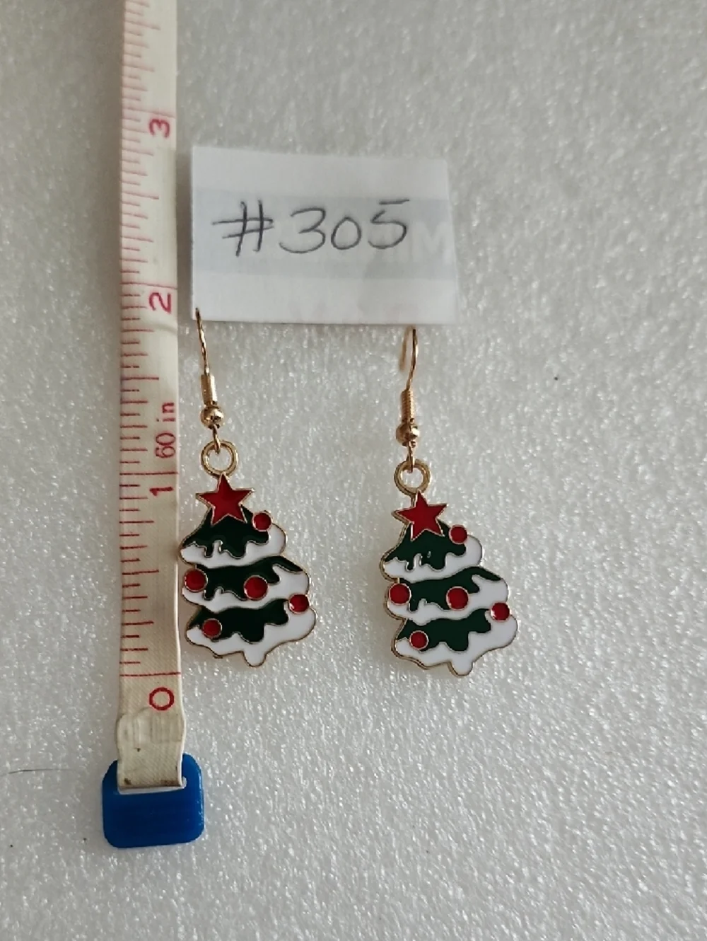 Hand Crafted Green and White Christmas Tree Earrings with Red Accents